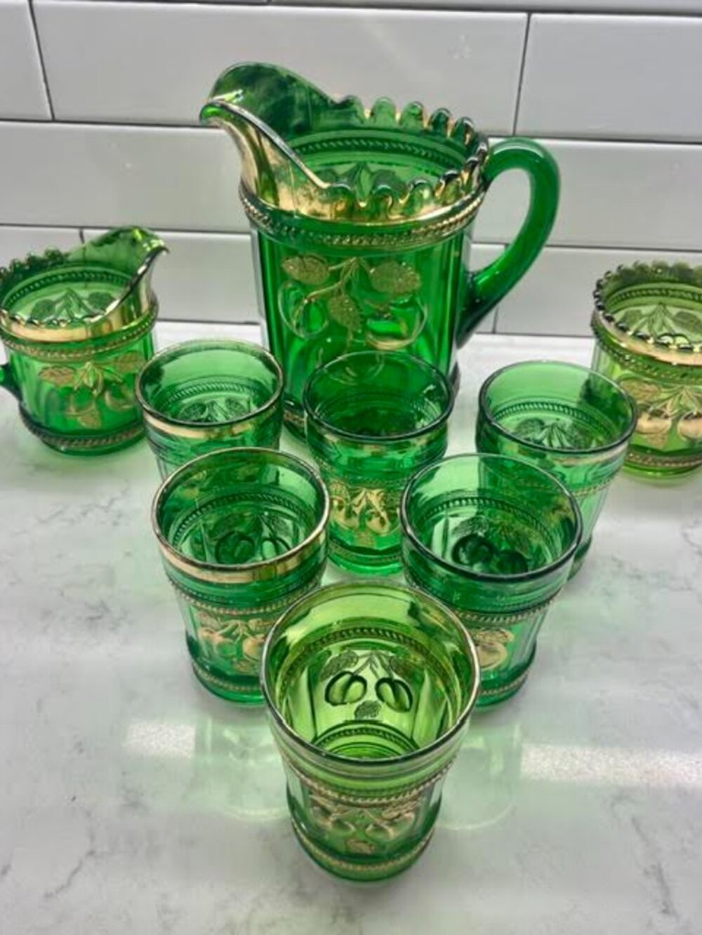 Antique Northwood "Peach & Cable" Green Glass Pitcher/Tumblers/Creamer/Sugar Set